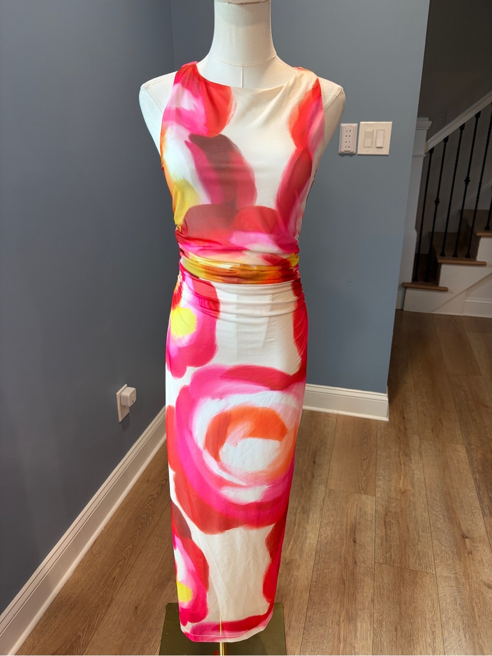 Amanda Uprichard Floral Ruched Mesh Maxi Dress Pink Orange Abstract Small